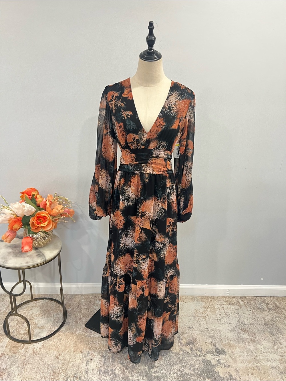 Chelsea 28 Black & Brown Multi Long Sleeves Patterned Chiffon Maxi Dress Size M